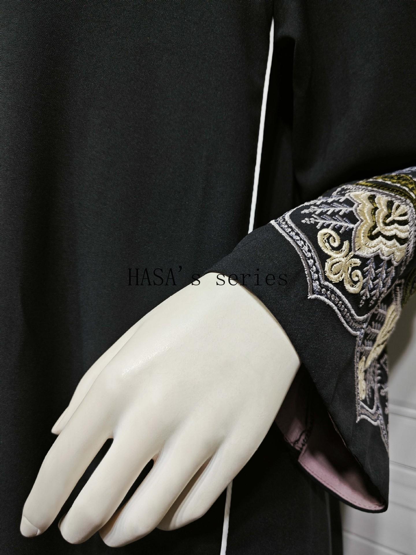 LUMAYA5090 Classic black embroidered patchwork robe, designed as a loose, open-front dress.
