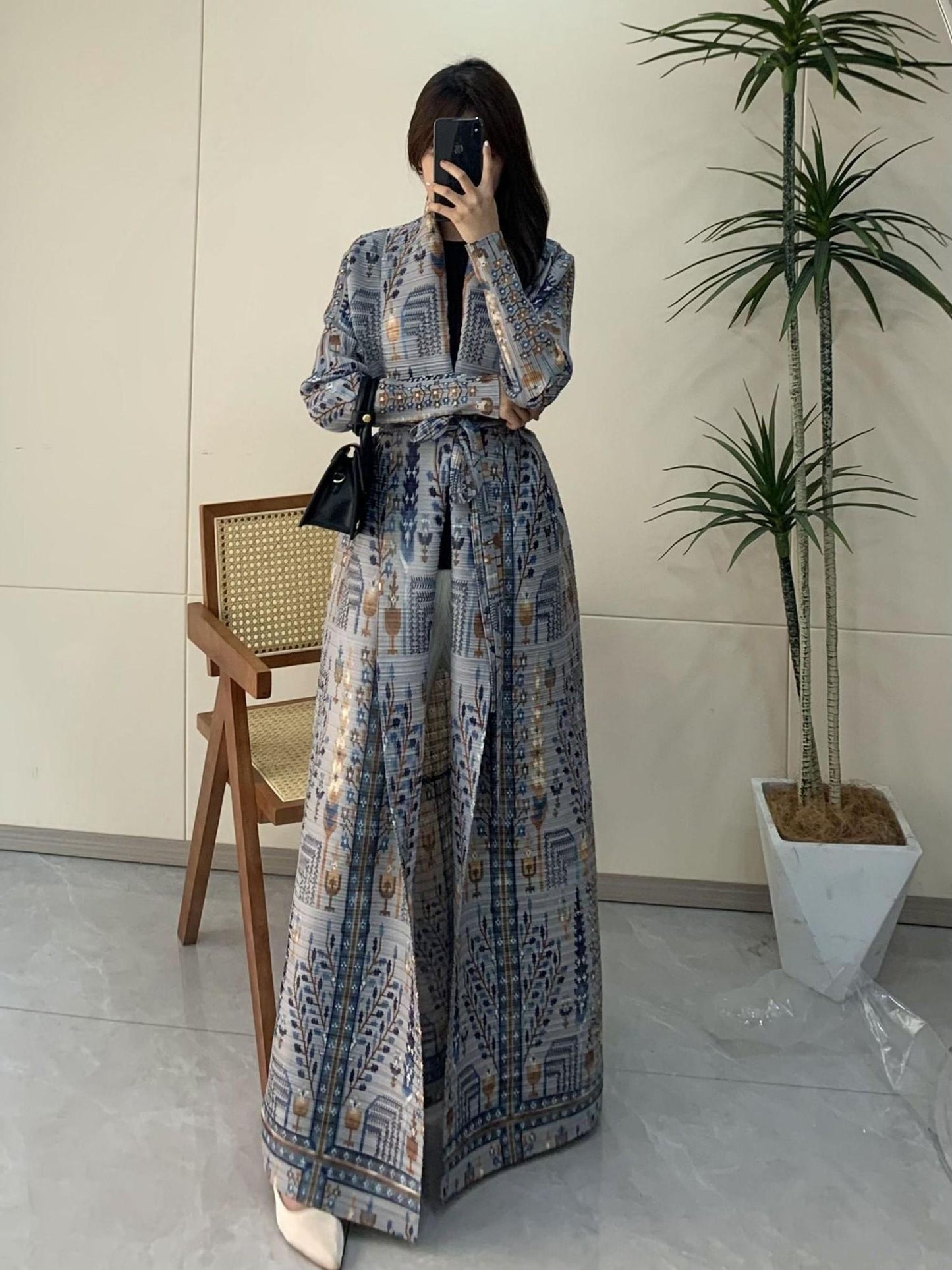 LUMAYA5842 Vintage-style Textured Open-front Long Coat