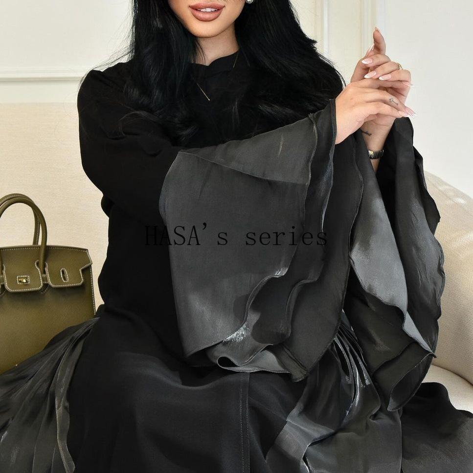 LUMAYA5106 A Soft and Elegant Long Satin Dress with Classic Design and Ruffled Sleeves.