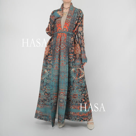 LUMAYA5850 Retro Oil Painting Print Belted Open-front Long Coat