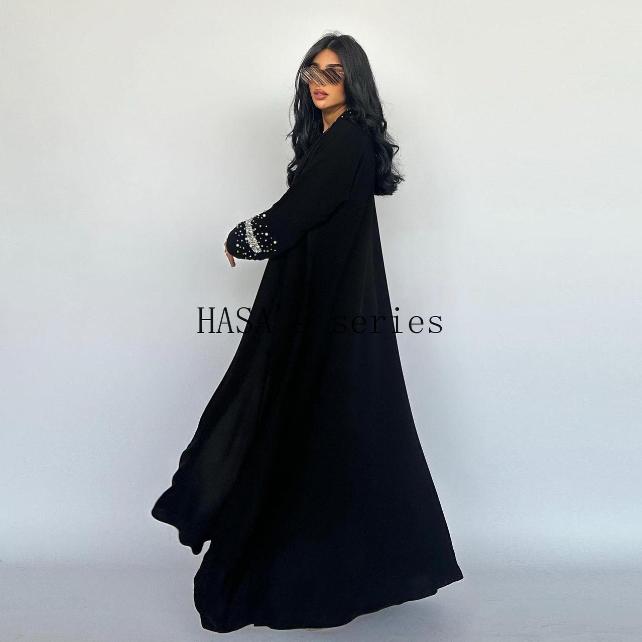 LUMAYA5097 Elegant Black Rhinestone-embellished Gown, Two-piece Beaded Set with Headscarf.