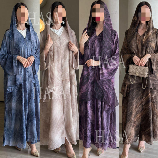 LUMAYA6551 Printed Abaya Cardigan with Matching Scarf Two-Piece Set