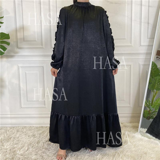 LM6591 Solid Color Turtleneck Long Sleeve Dress with Pleated Waistband