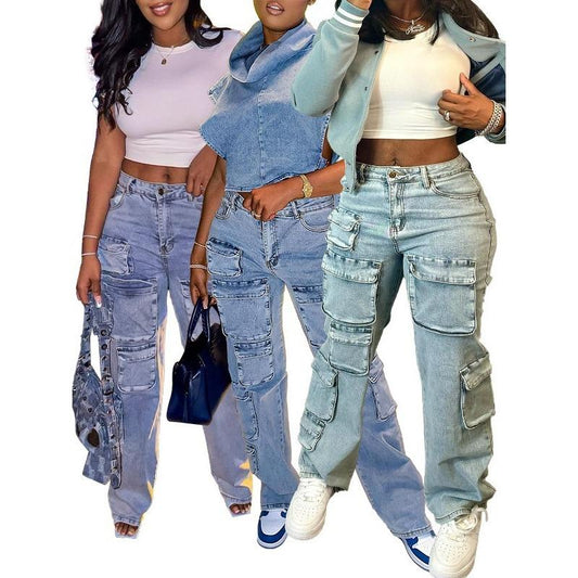 HA1917 Three-dimensional Multi-bag Tooling Style Denim Trousers
