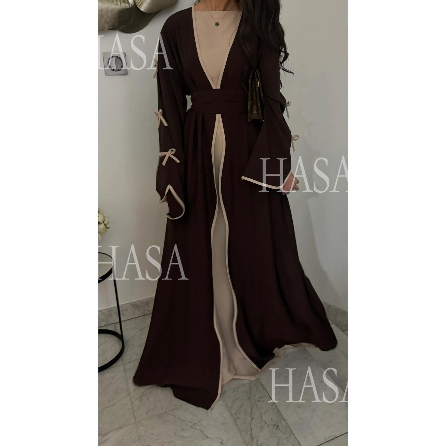 LUMAYA5883  A Two-piece Robe and Skirt Set with A Soft Bow and A Belt Design open abaya outfit