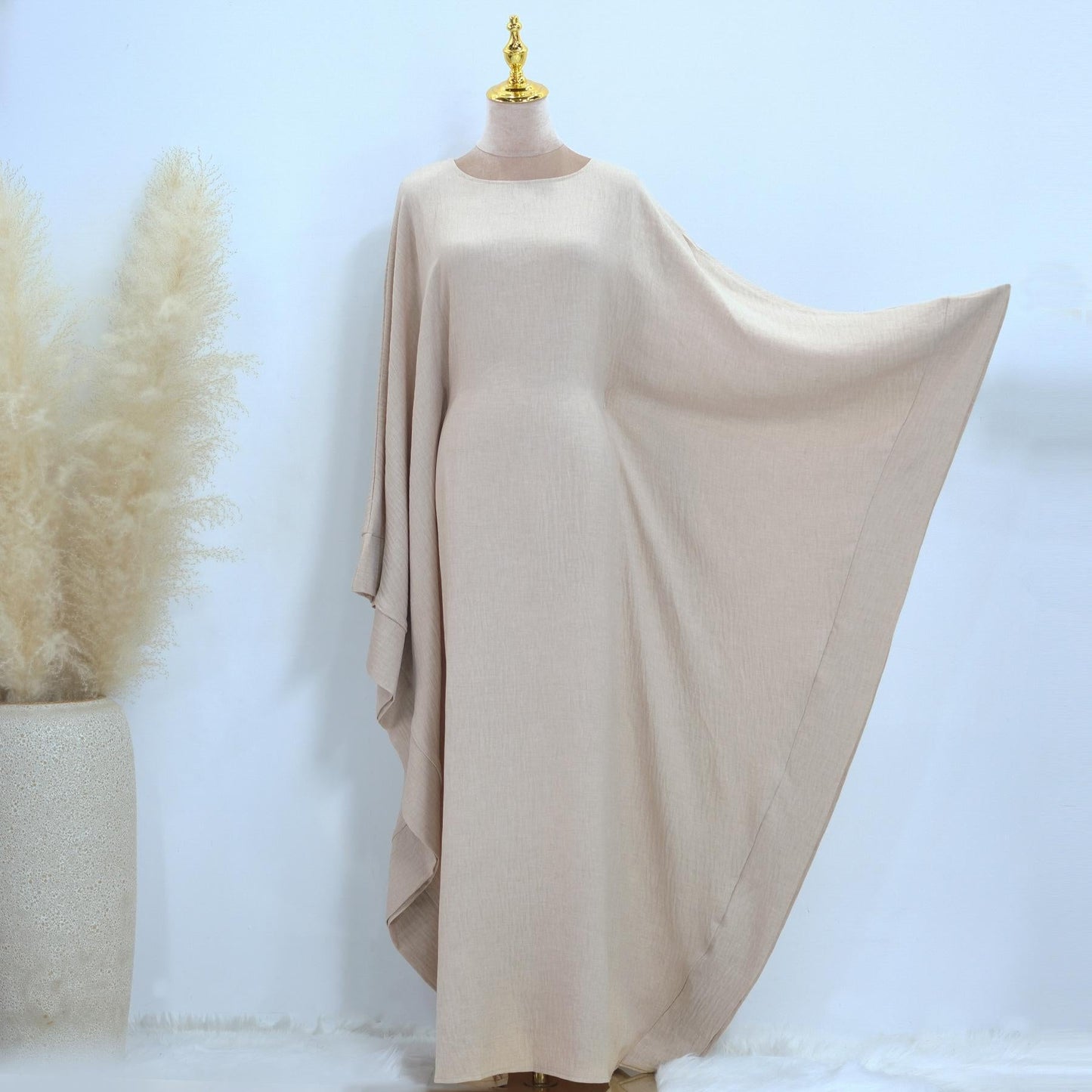 LUMAYA LM1177 Waist Raging Bat Sleeves Dress Crepe Kaftan with Built-in Belt