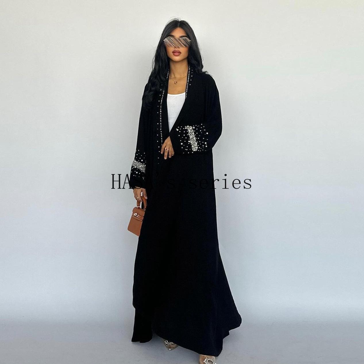 LUMAYA5097 Elegant Black Rhinestone-embellished Gown, Two-piece Beaded Set with Headscarf.