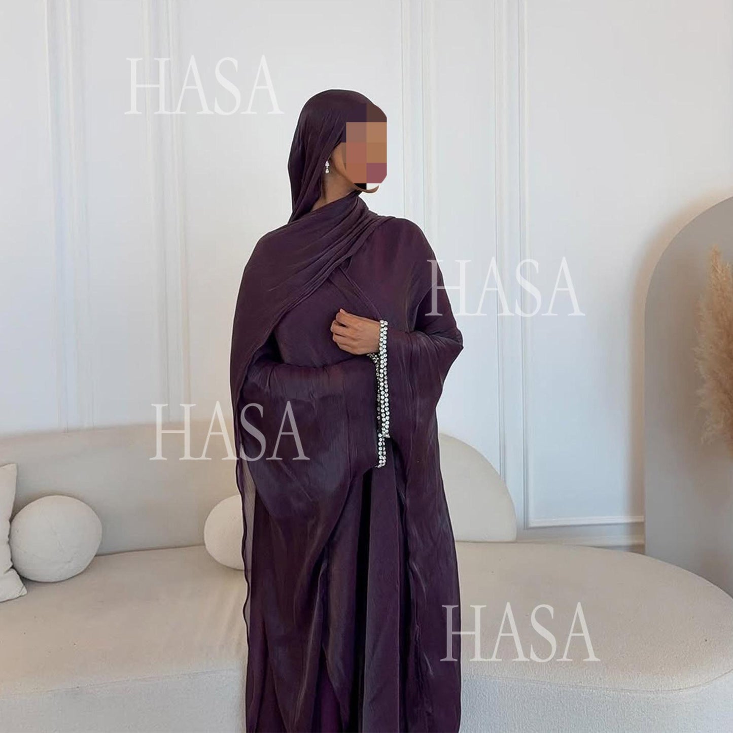 LUMAYA6553  Two-Piece Solid Abaya with Beaded Details and Matching Scarf Option