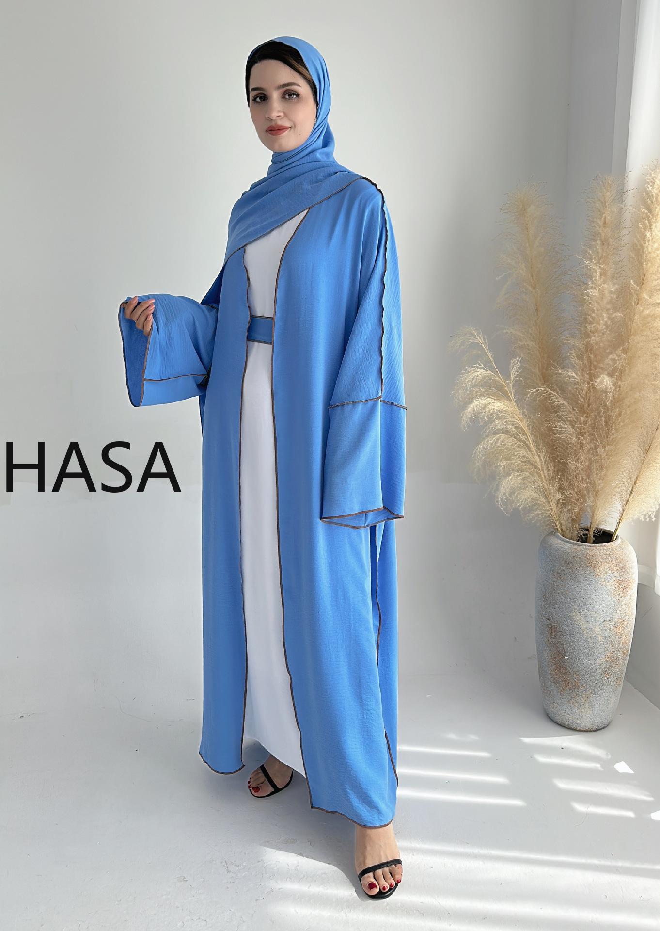 LMSA LM1246H 2 PCS SET Crepe Solid Color Loose Hem Cardigan Robe with Hijab