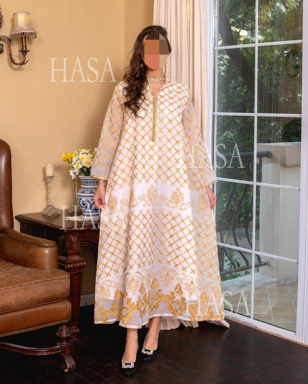 LM6640 Elegant Openwork Embroidered Abaya Long Dress