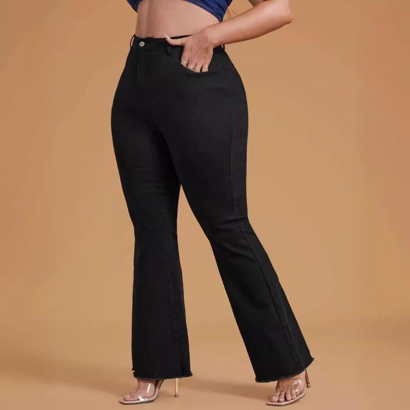 LUMAYA2331 Plus Size Black Stretchy Frayed-hem Wide-leg Flare Jeans