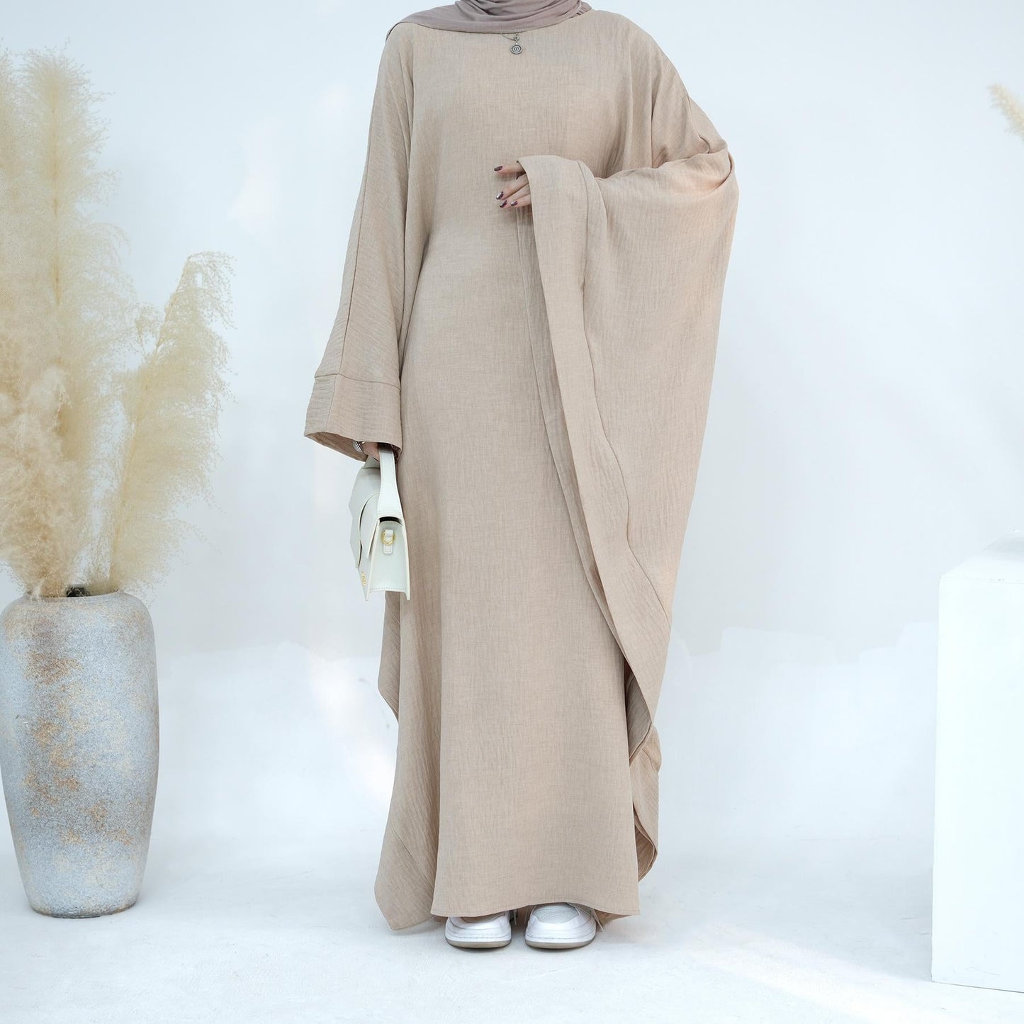 LUMAYA LM1177 Waist Raging Bat Sleeves Dress Crepe Kaftan with Built-in Belt