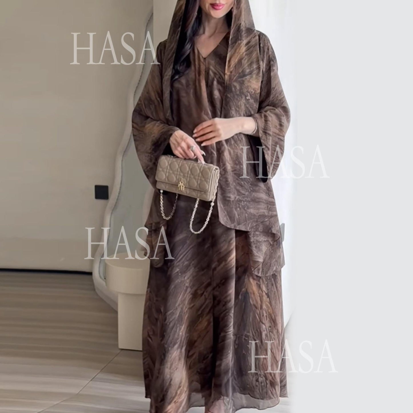 LUMAYA6551 Printed Abaya Cardigan with Matching Scarf Two-Piece Set