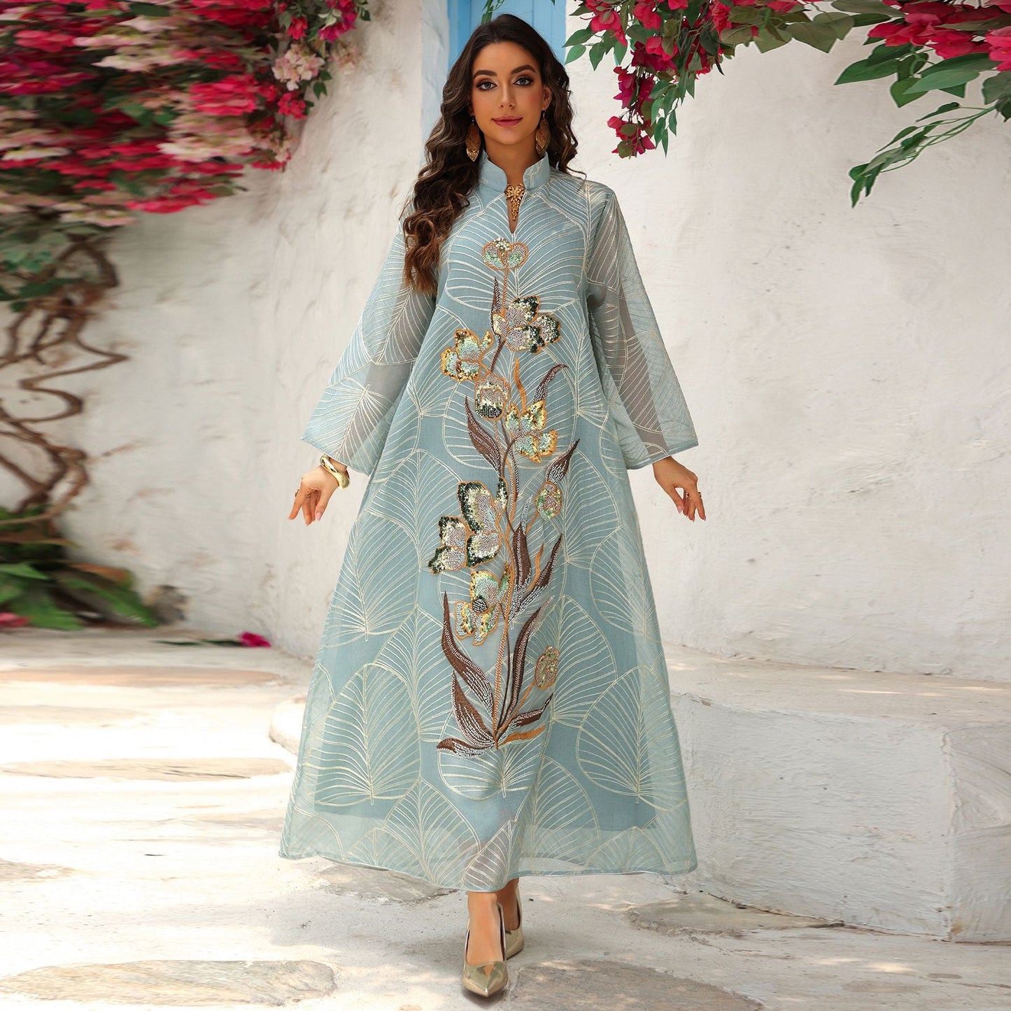 LM6657 Women's Long Robe Dress with Mesh Embroidery