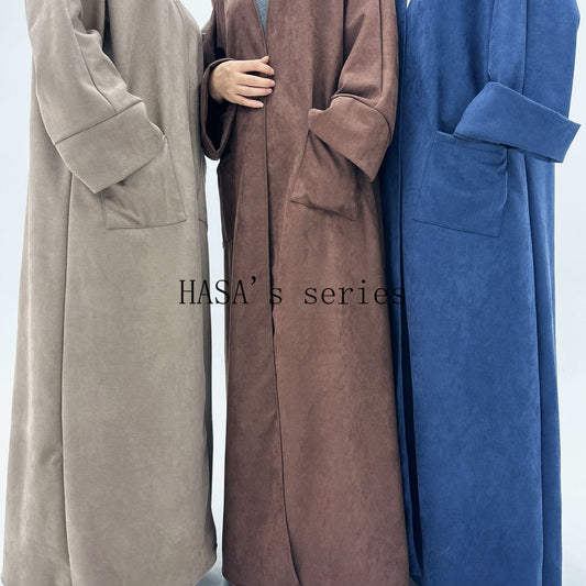 LUMAYA5148 Suede-textured, Simple Cardigan-style Long Robe, A Loose and Comfortable Dress for Autumn and Winter.