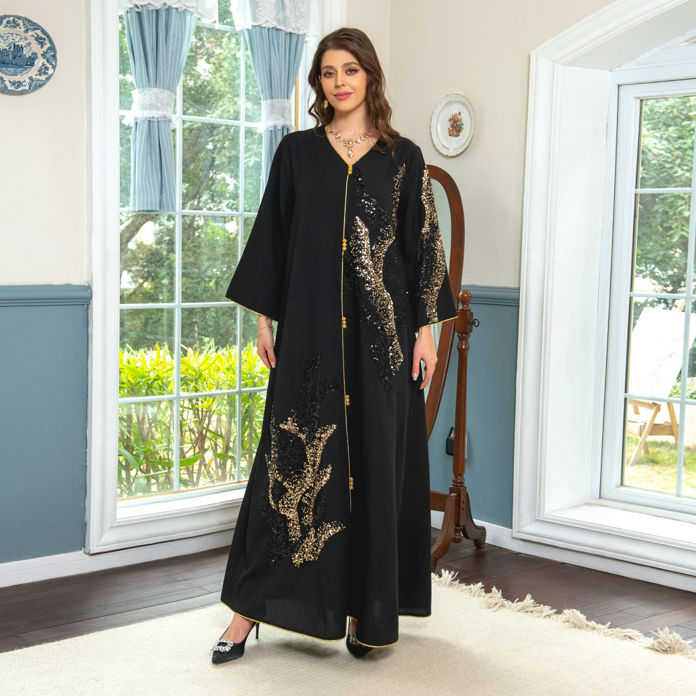 LM6659  Long-sleeved Sequined Embroidered Patchwork Dress with A Light Silhouette and Soft Color Scheme.