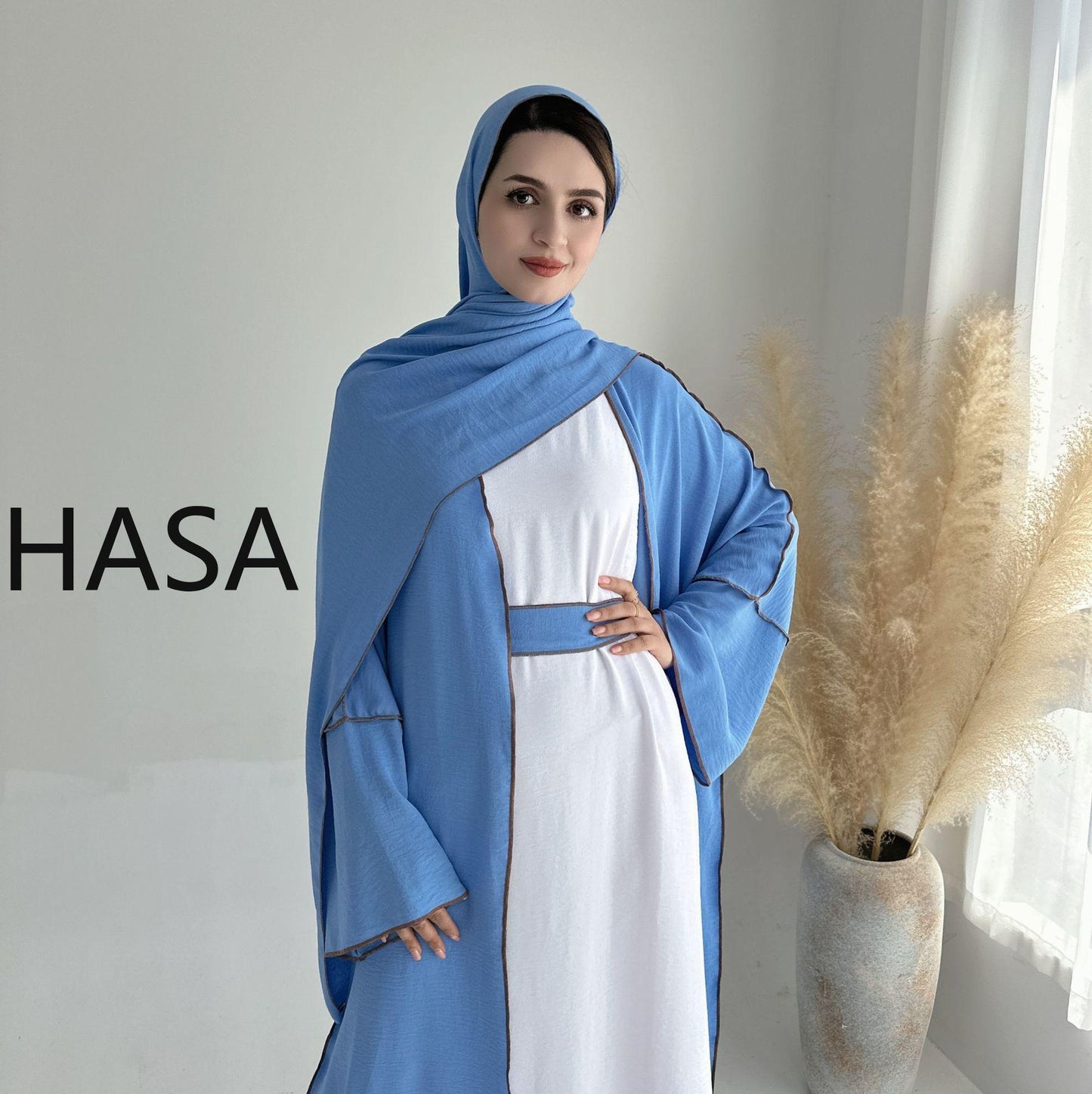 LMSA LM1246H 2 PCS SET Crepe Solid Color Loose Hem Cardigan Robe with Hijab