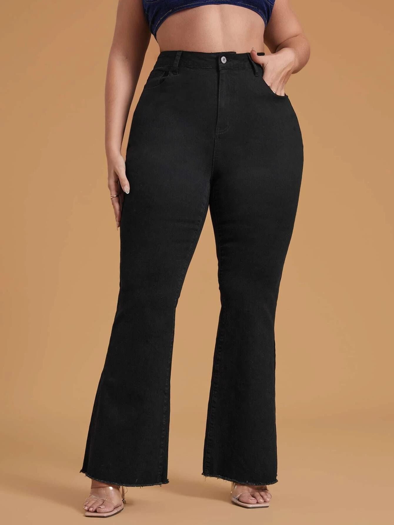 LUMAYA2331 Plus Size Black Stretchy Frayed-hem Wide-leg Flare Jeans