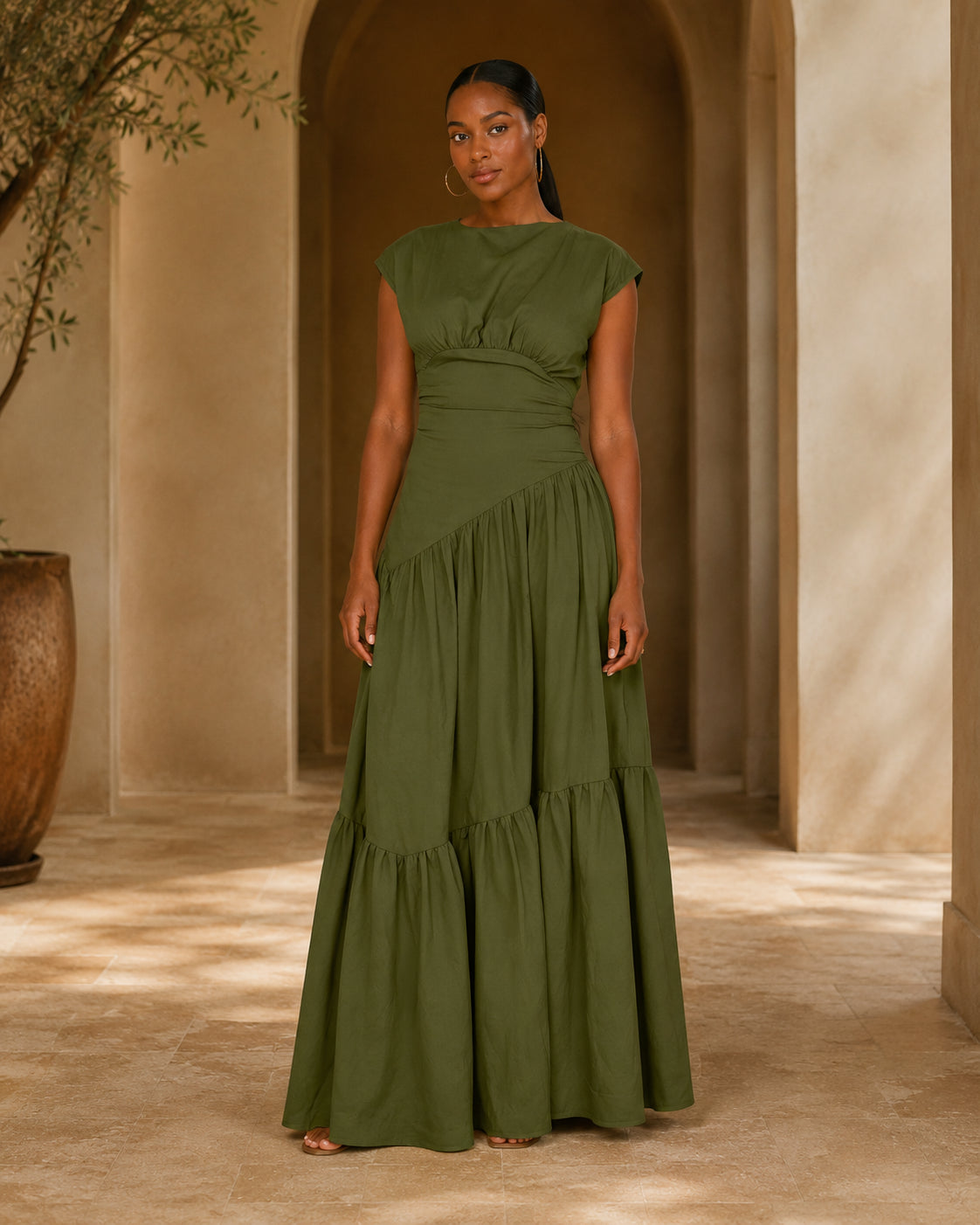 LM1641 Women's Sleeveless Pleated Loose Fit Maxi Dress