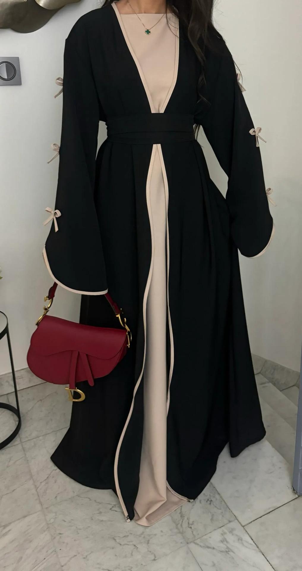LUMAYA5883  A Two-piece Robe and Skirt Set with A Soft Bow and A Belt Design open abaya outfit