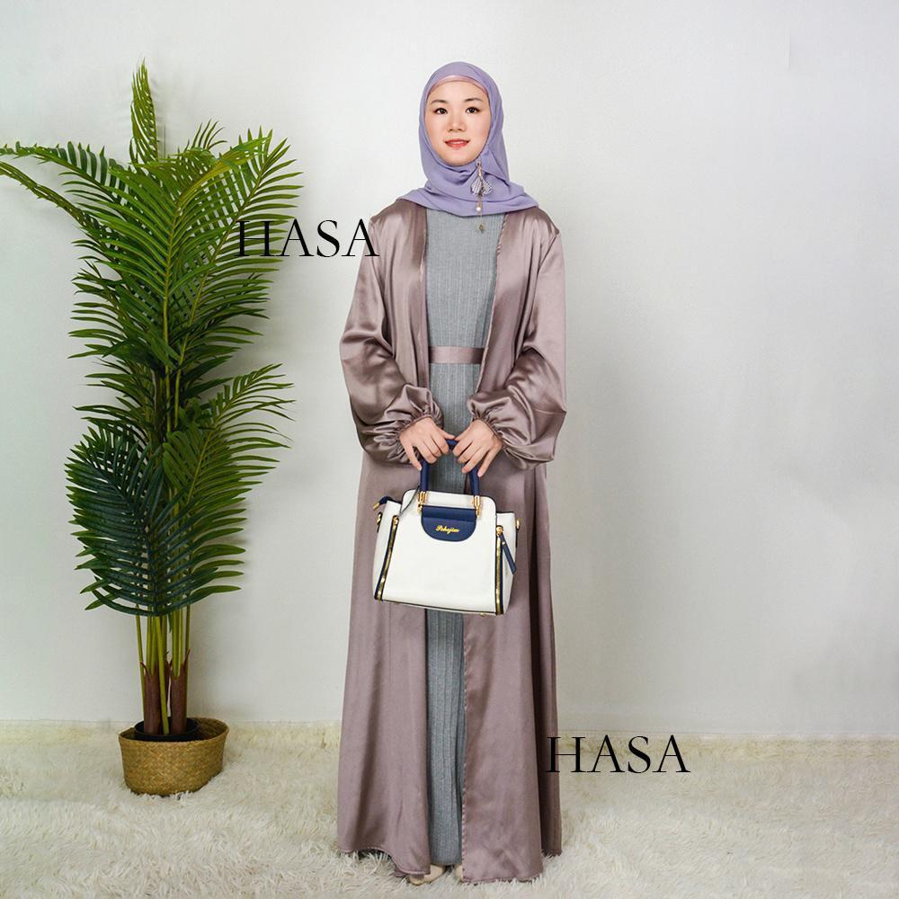 LUMAYA0481 Solid Color Satin Coat Robe Open Abaya