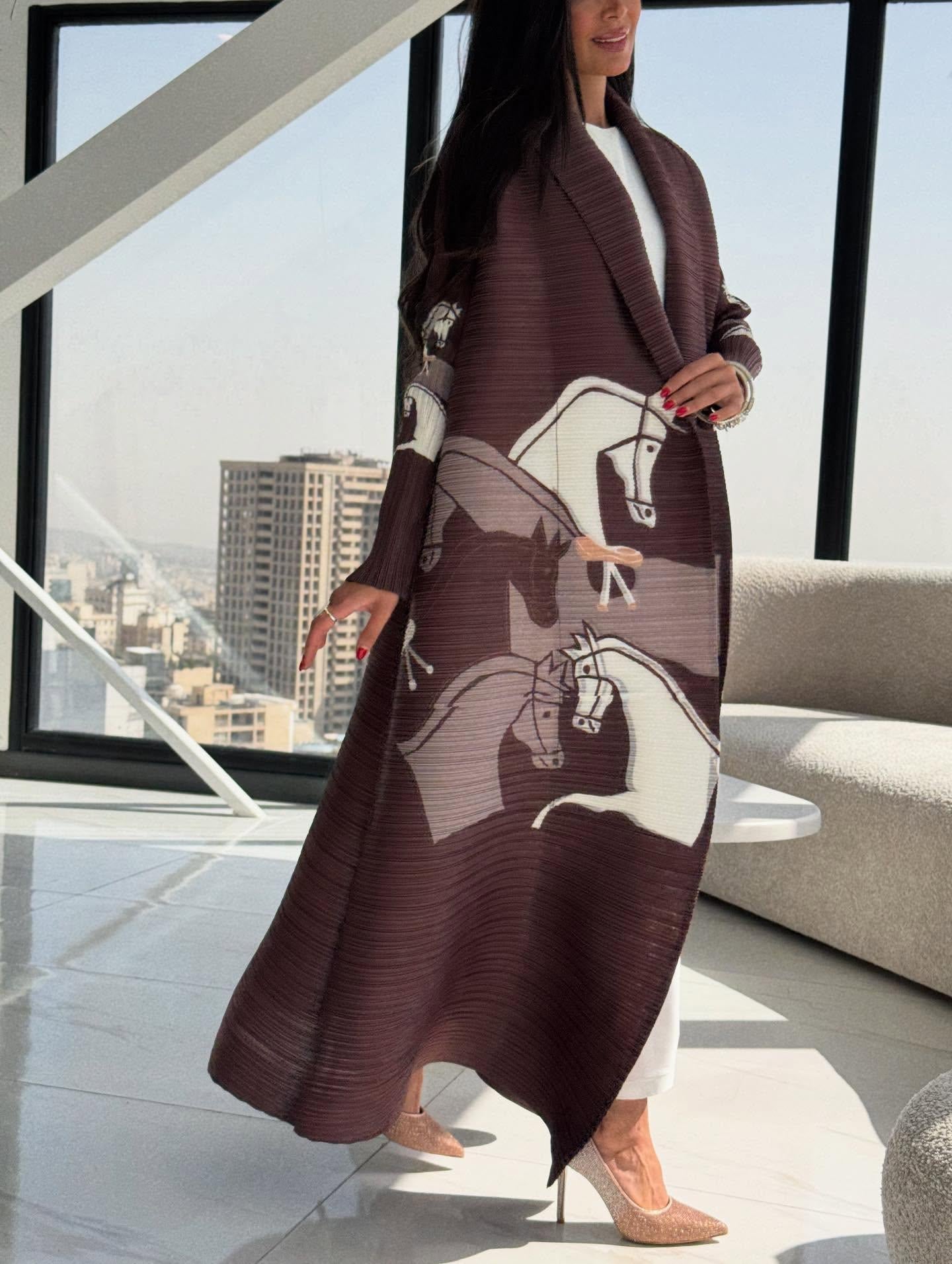 LUMAYA6718 Questrian Elegance | Brown Abaya with Horse Motifs