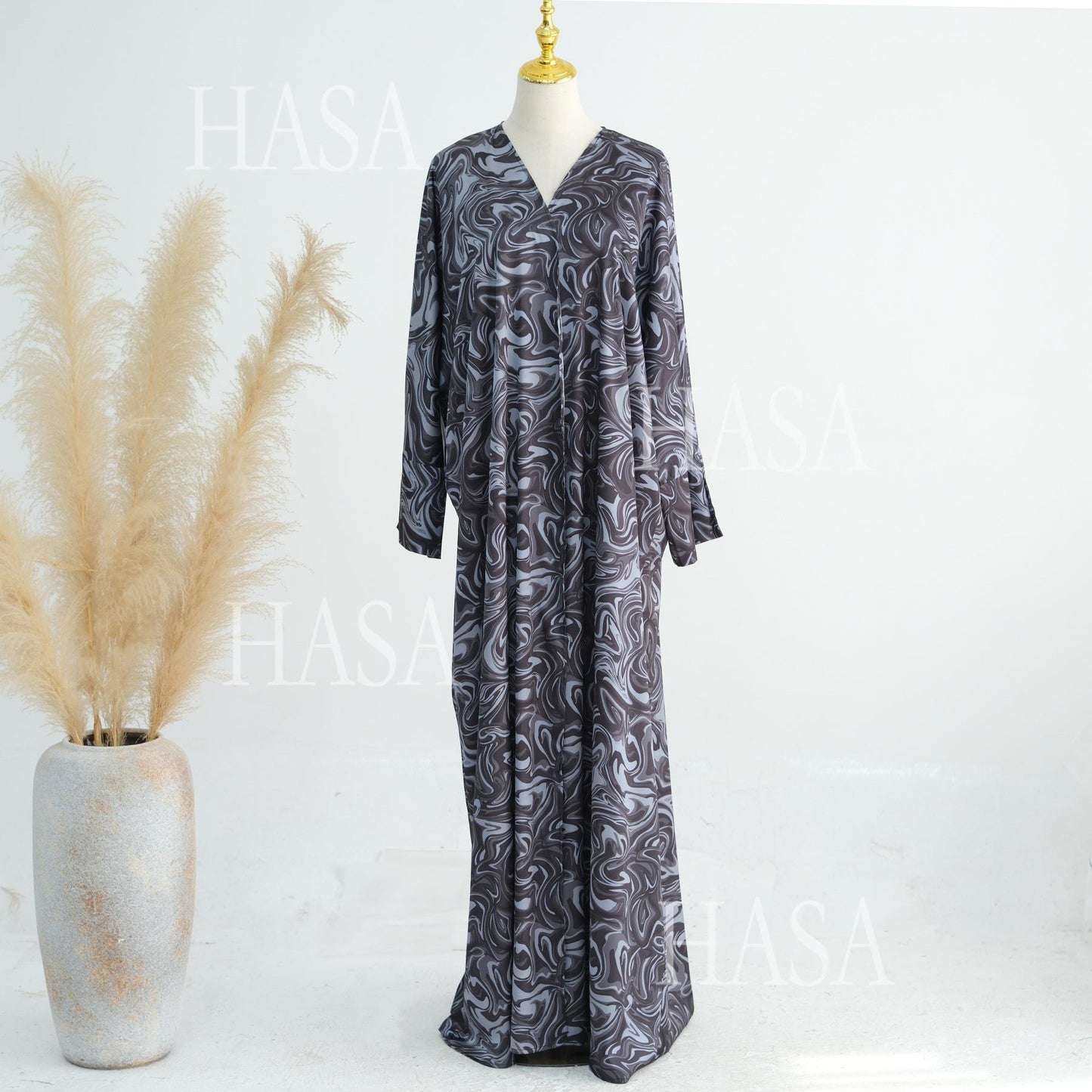 LM6555 Fashionable printed long-sleeved dress with an ankle-length cardigan style