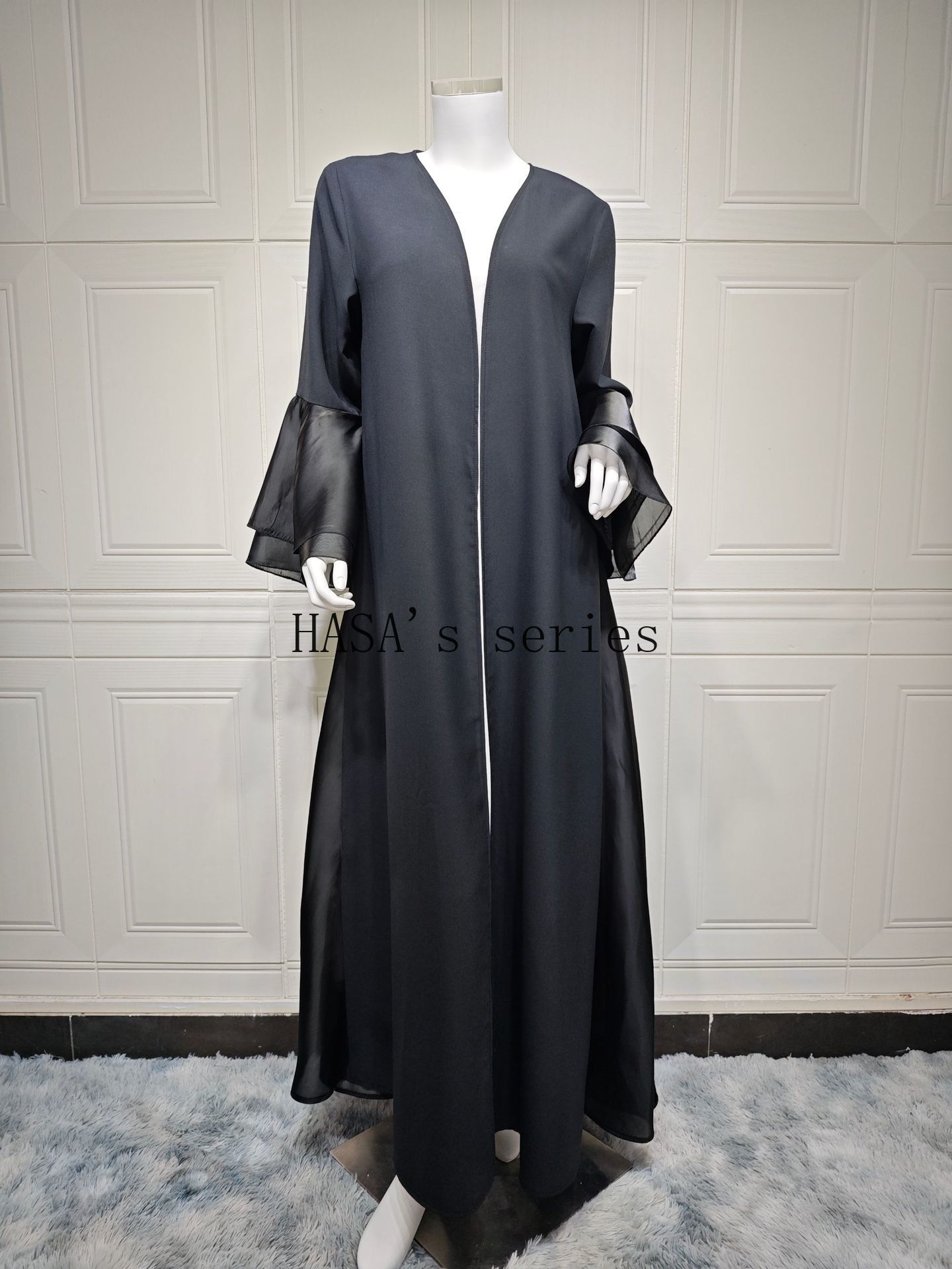 LUMAYA5106 A Soft and Elegant Long Satin Dress with Classic Design and Ruffled Sleeves.