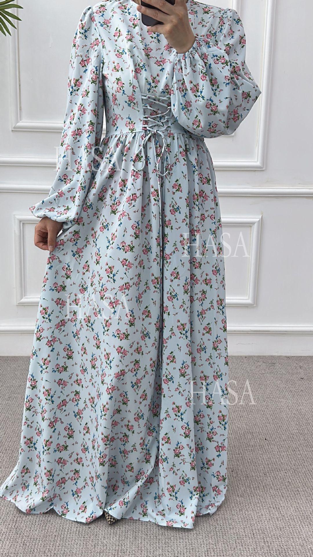 LUMAYA6489 Long-sleeved Floral Maxi Dress with Natural Waist
