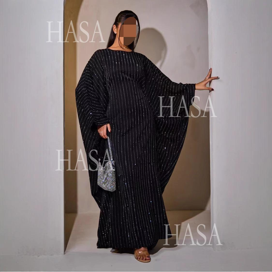 LUMAYA6483 Drape Rhinestone Gown with Simple Wide Sleeves