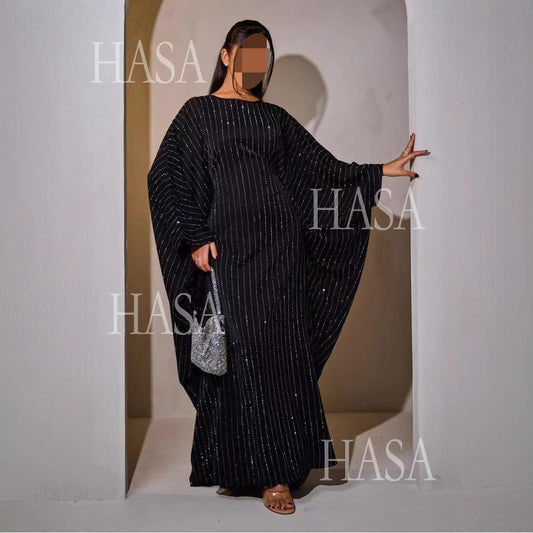LUMAYA6483 Drape Rhinestone Gown with Simple Wide Sleeves