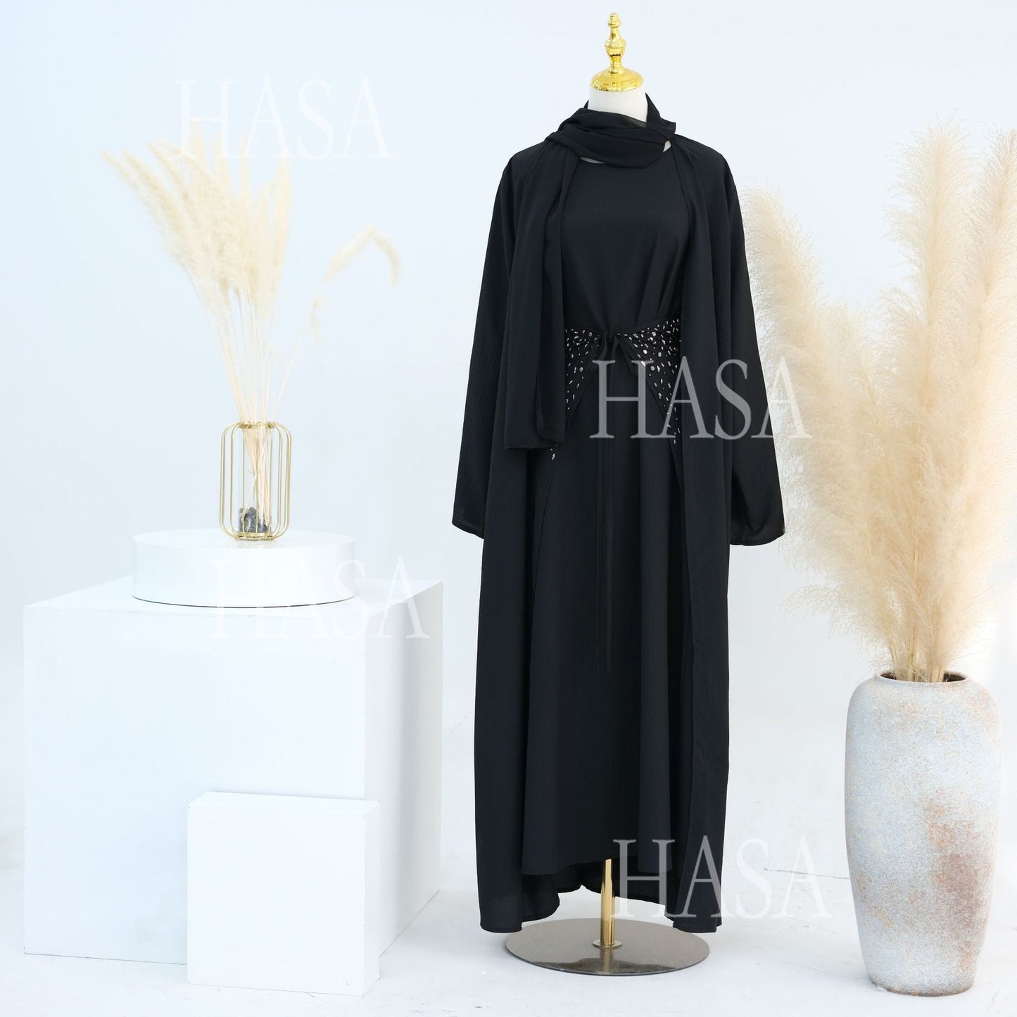 LM6578 Women's Solid Color Three-piece Robe Set (long Skirt + Skirt + Cardigan Jacket)