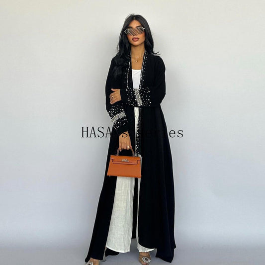 LUMAYA5097 Elegant Black Rhinestone-embellished Gown, Two-piece Beaded Set with Headscarf.