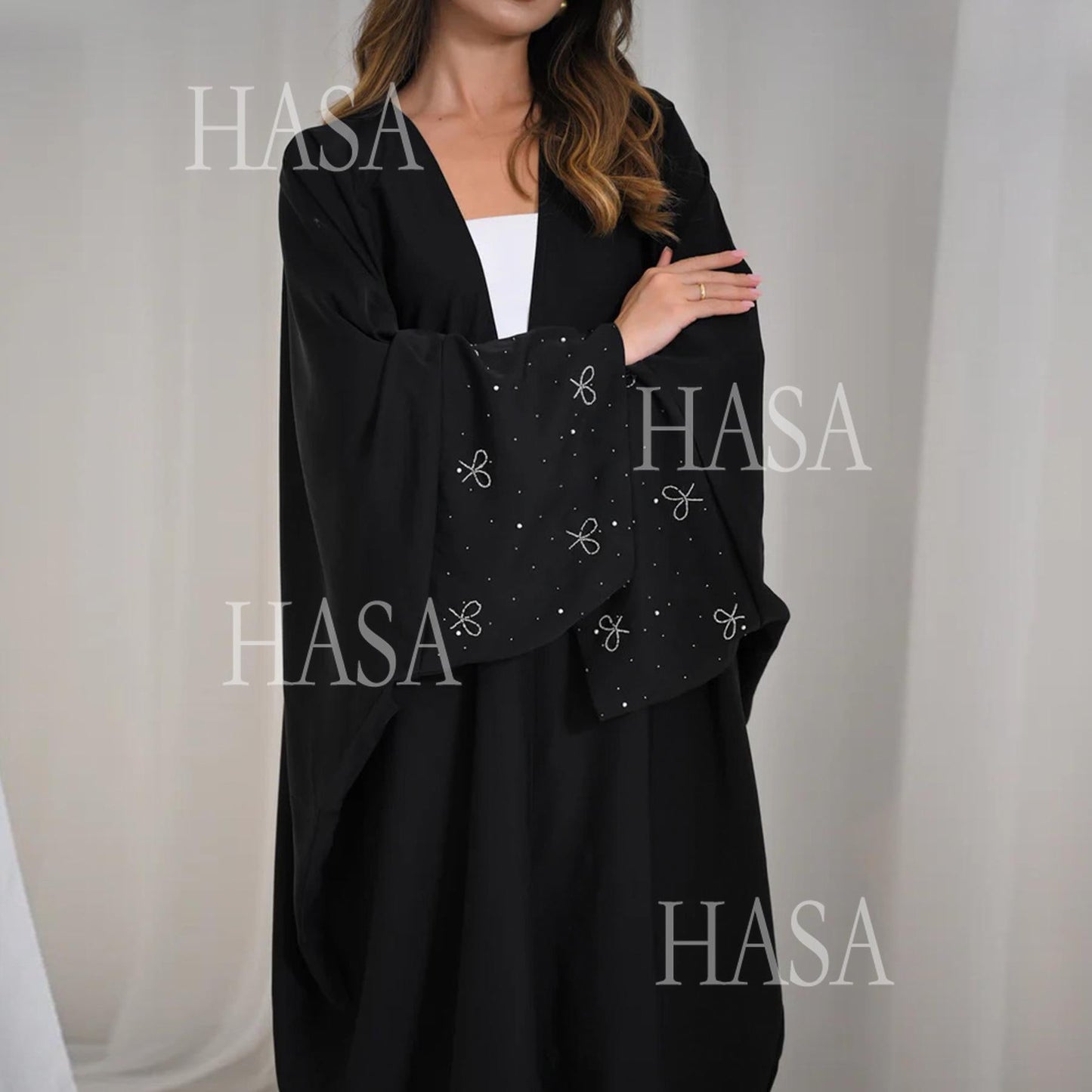HA6492  Long-sleeved Robe with Bow and Beading