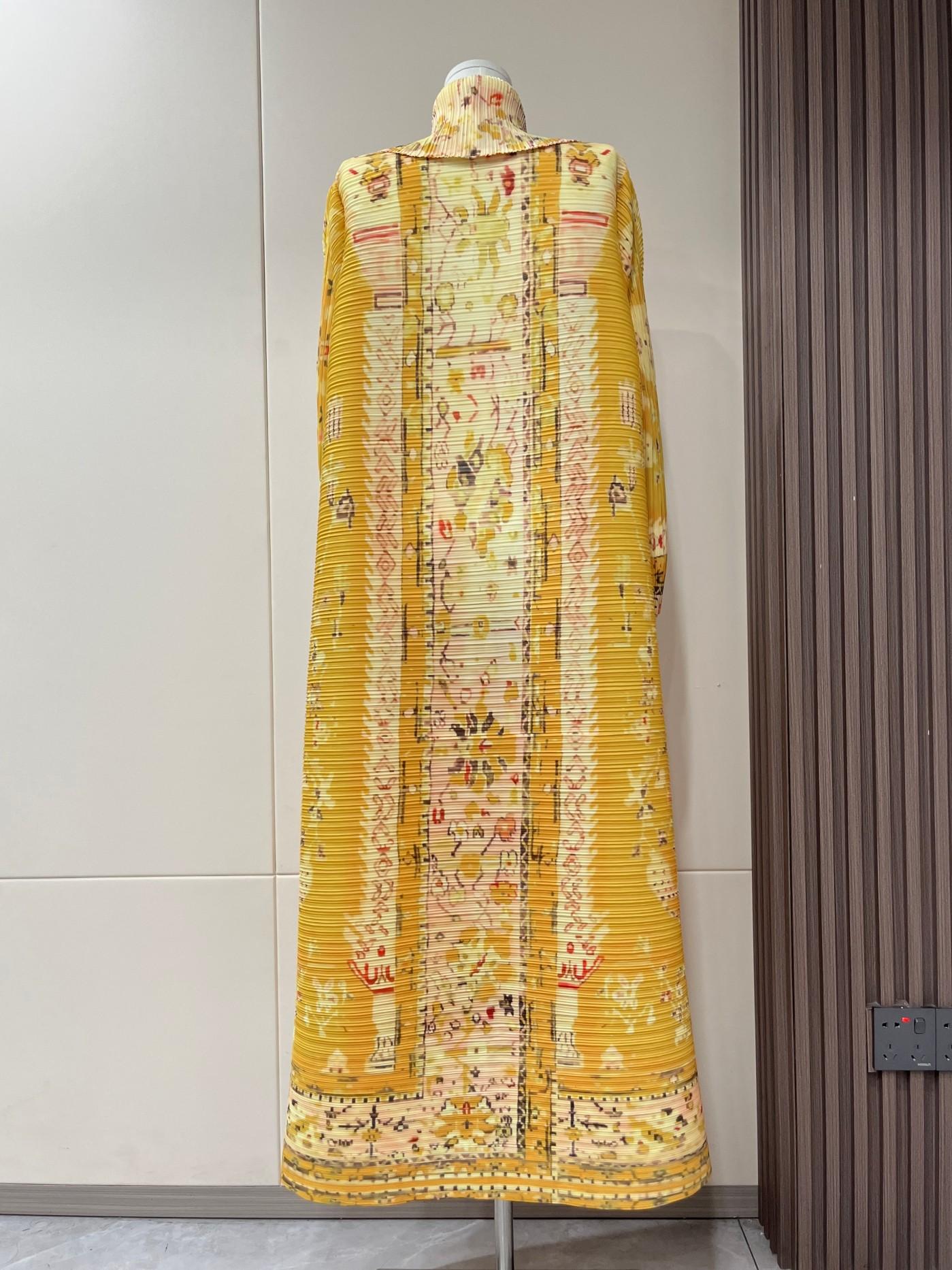 LUMAYA5843 Retro Warm Yellow Floral Textured Open-front Long Coat