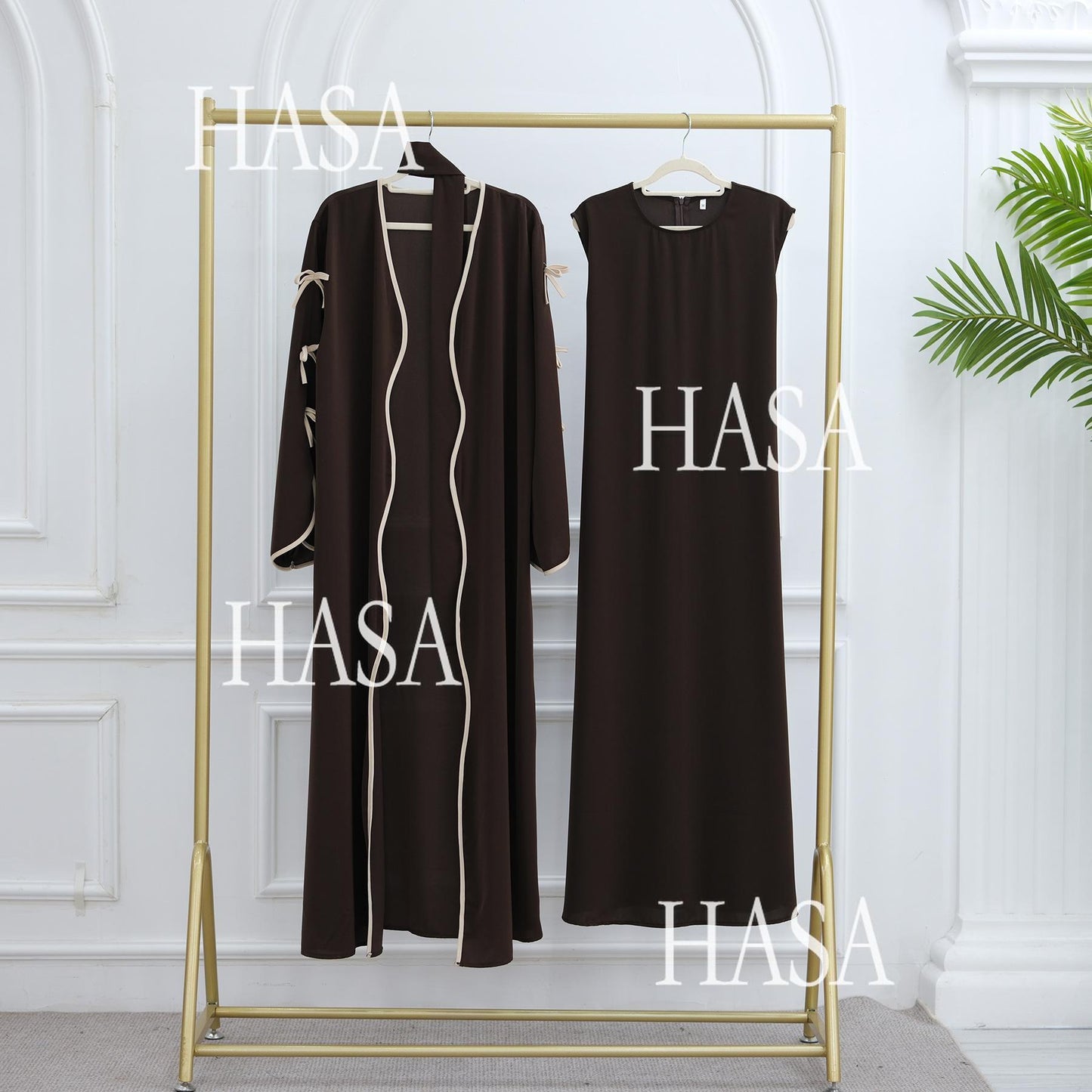 LUMAYA5883  A Two-piece Robe and Skirt Set with A Soft Bow and A Belt Design open abaya outfit