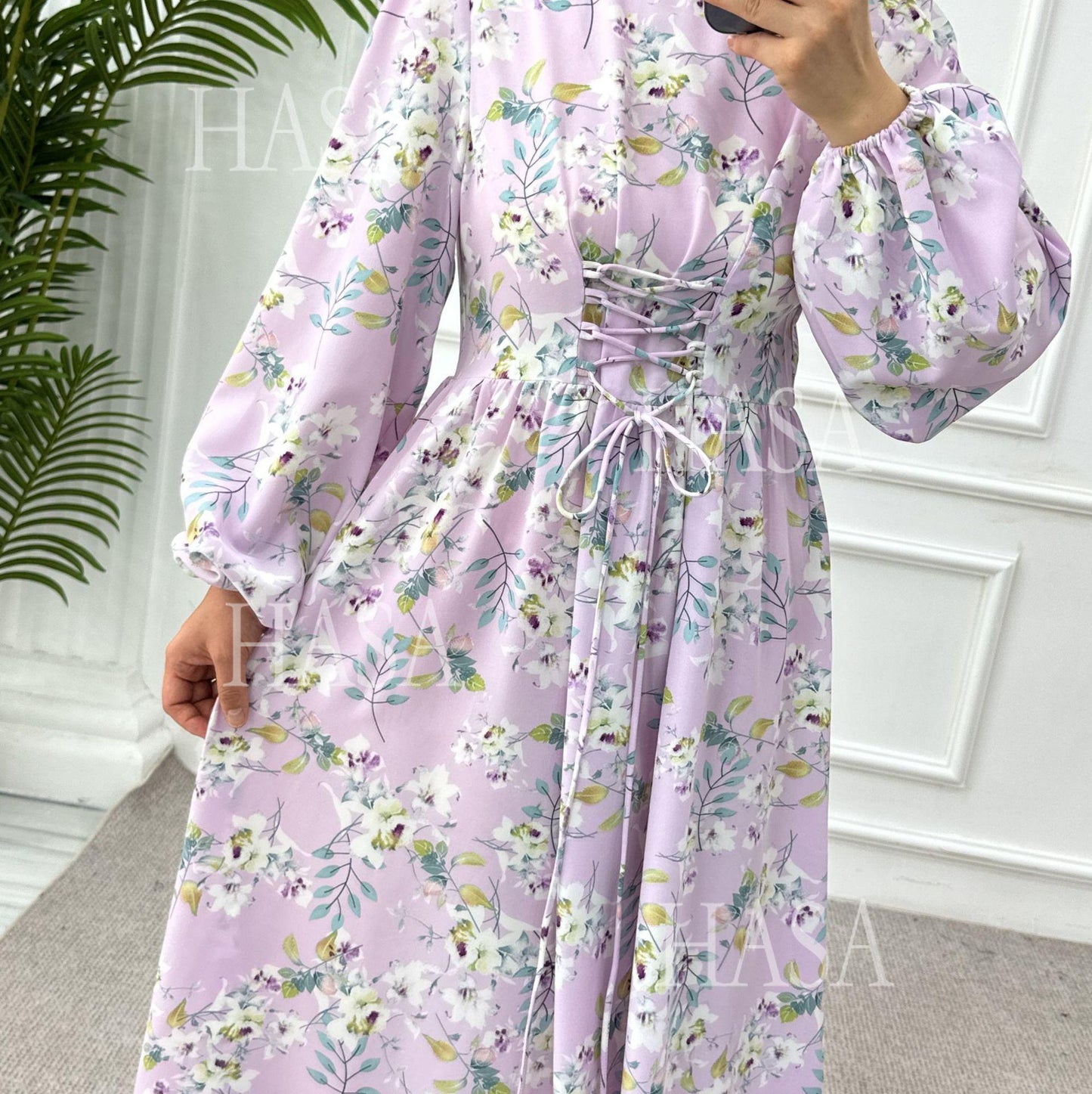 LUMAYA6489 Long-sleeved Floral Maxi Dress with Natural Waist