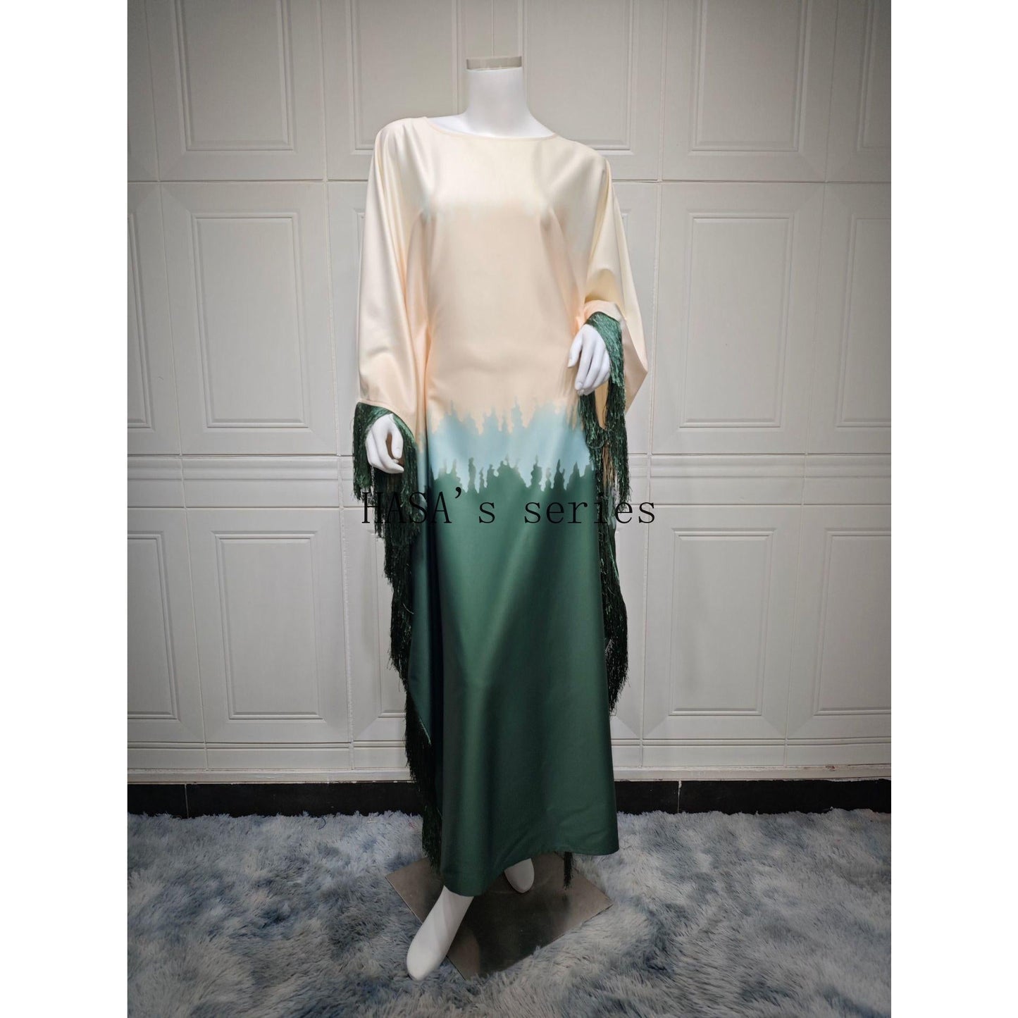 LUMAYA5095 Romantic Gradient Fringed Robe, Elegant Printed Long Dress