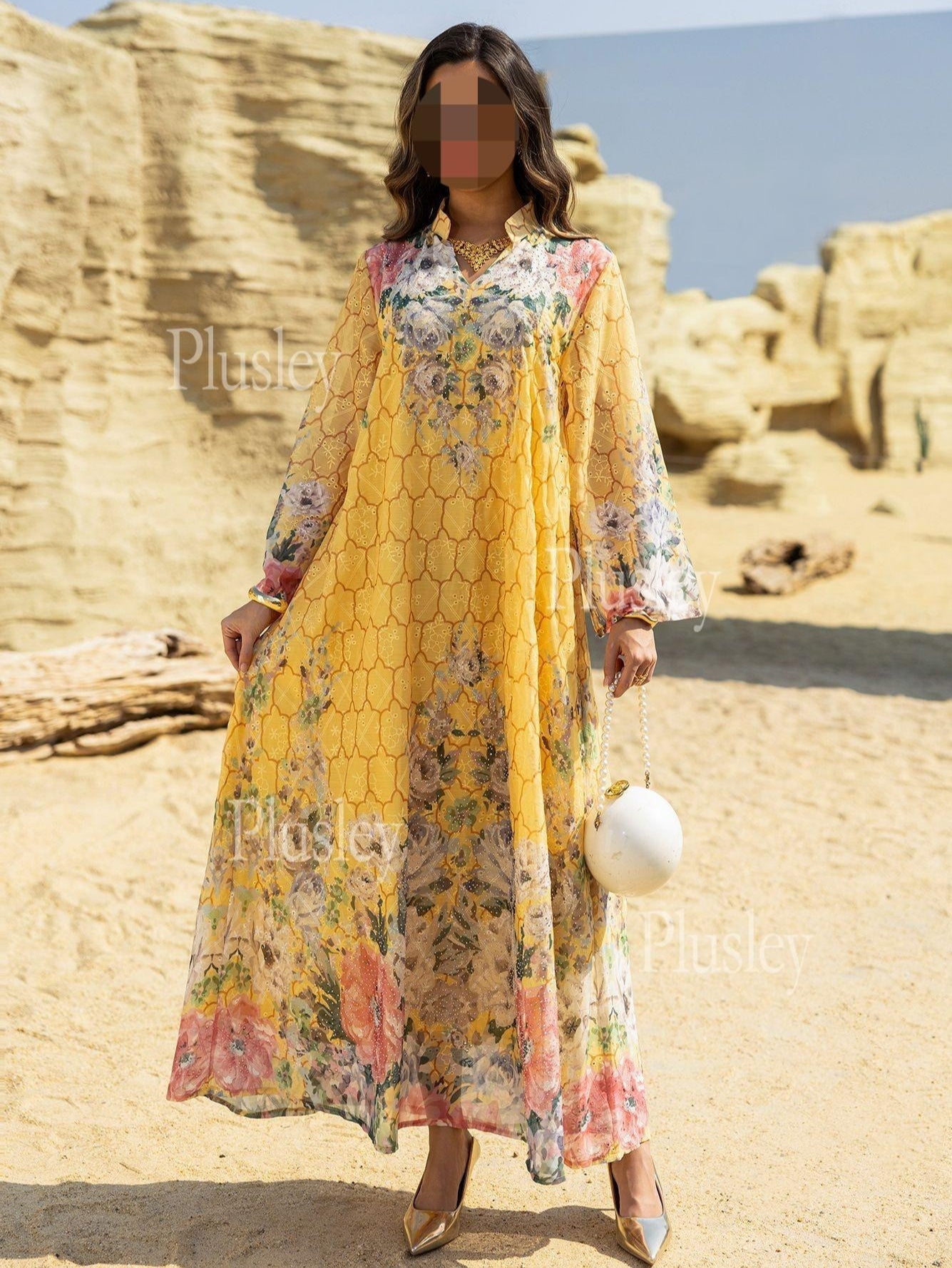 LM6636 Floral Print Embroidered Long Dress