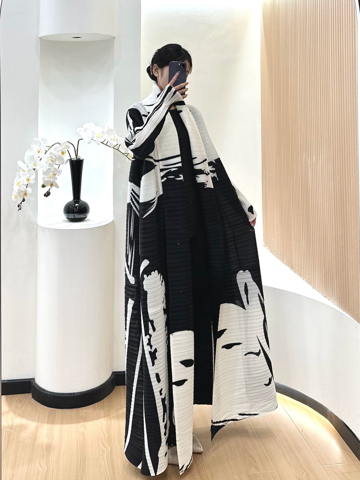 LUMAYA6726  White Abstract Belted Abaya with Artistic Prints