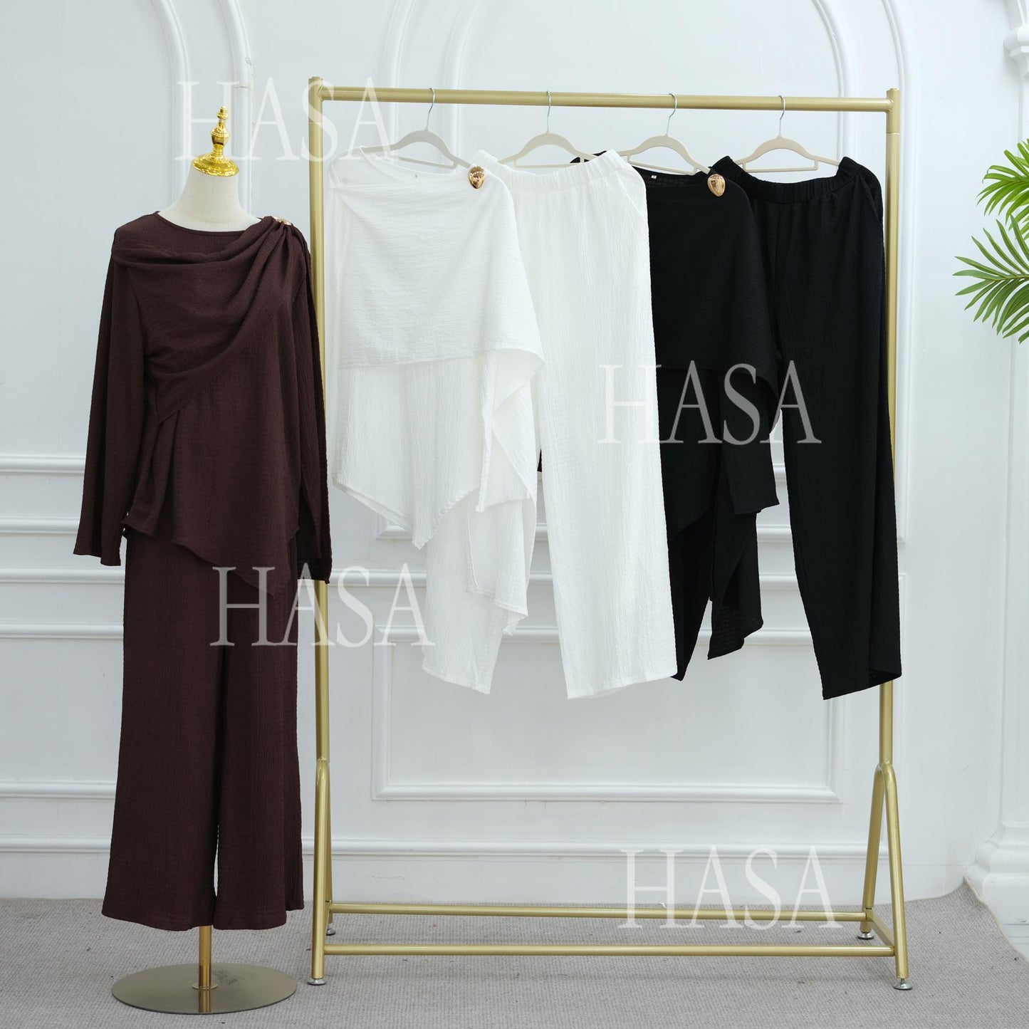 LM6568 Solid Color Design Top + Pants Two-piece Set for Daily Personality Wear