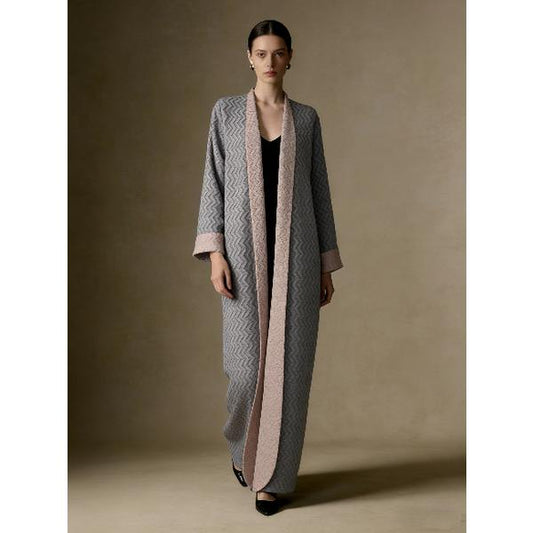 LUMAYA6703 Modern Minimalism Textured Grey Abaya with Pink Accents