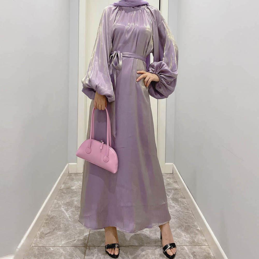 LUMAYA10043 LUMAYA  Large Lantern Sleeves Long Bright Silk Dress Stand Up Collar Back Tie Women's Dress Abaya