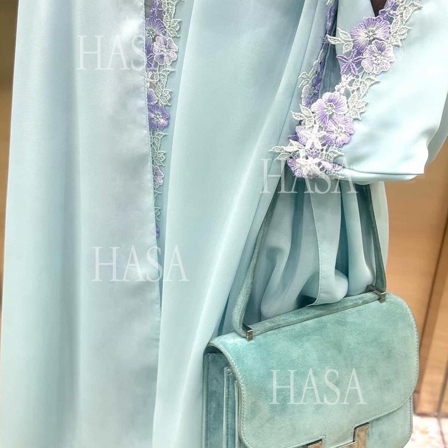 HA6562 Blue Bow Embroidered Abaya Tunic Cardigan