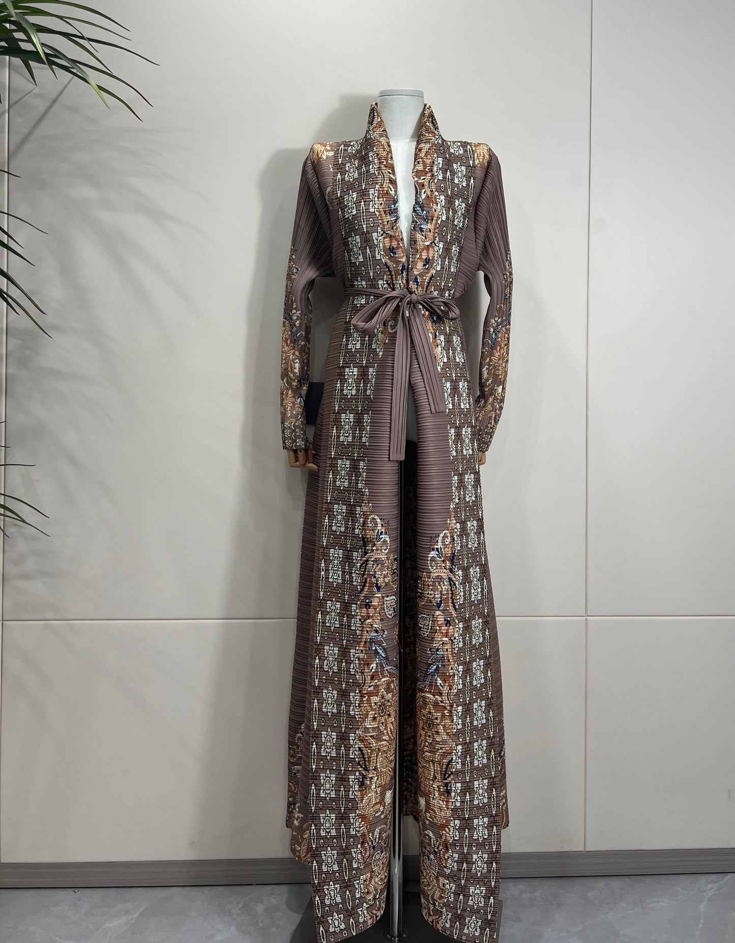 LUMAYA6715 Timeless Taupe  Elevated Abaya with Luxurious Patterned Details