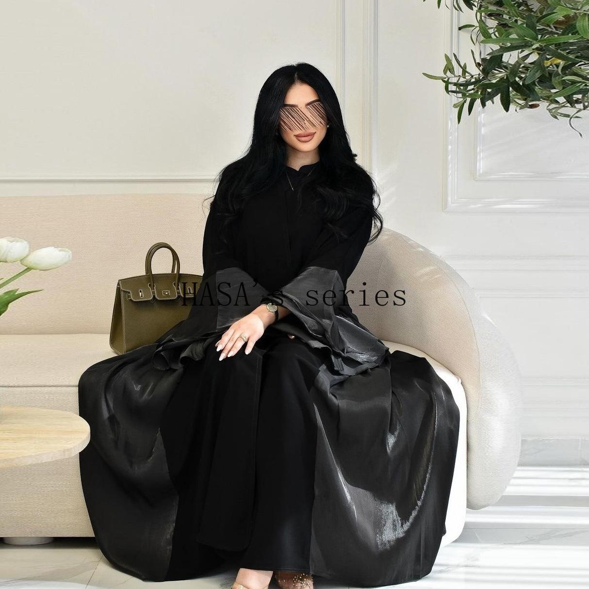 LUMAYA5106 A Soft and Elegant Long Satin Dress with Classic Design and Ruffled Sleeves.