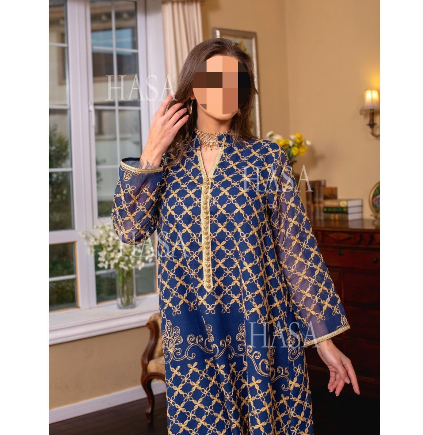 LM6640 Elegant Openwork Embroidered Abaya Long Dress