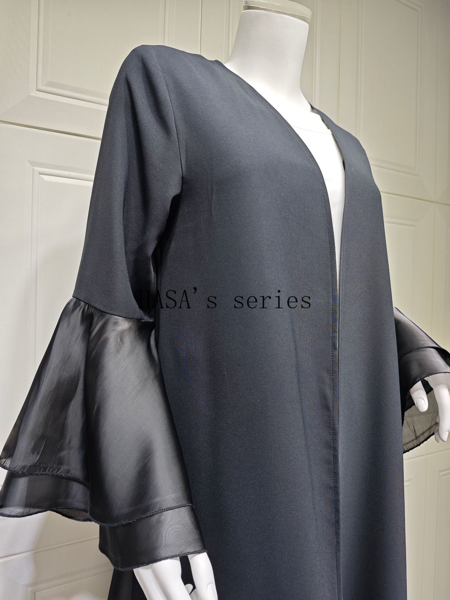 LUMAYA5106 A Soft and Elegant Long Satin Dress with Classic Design and Ruffled Sleeves.