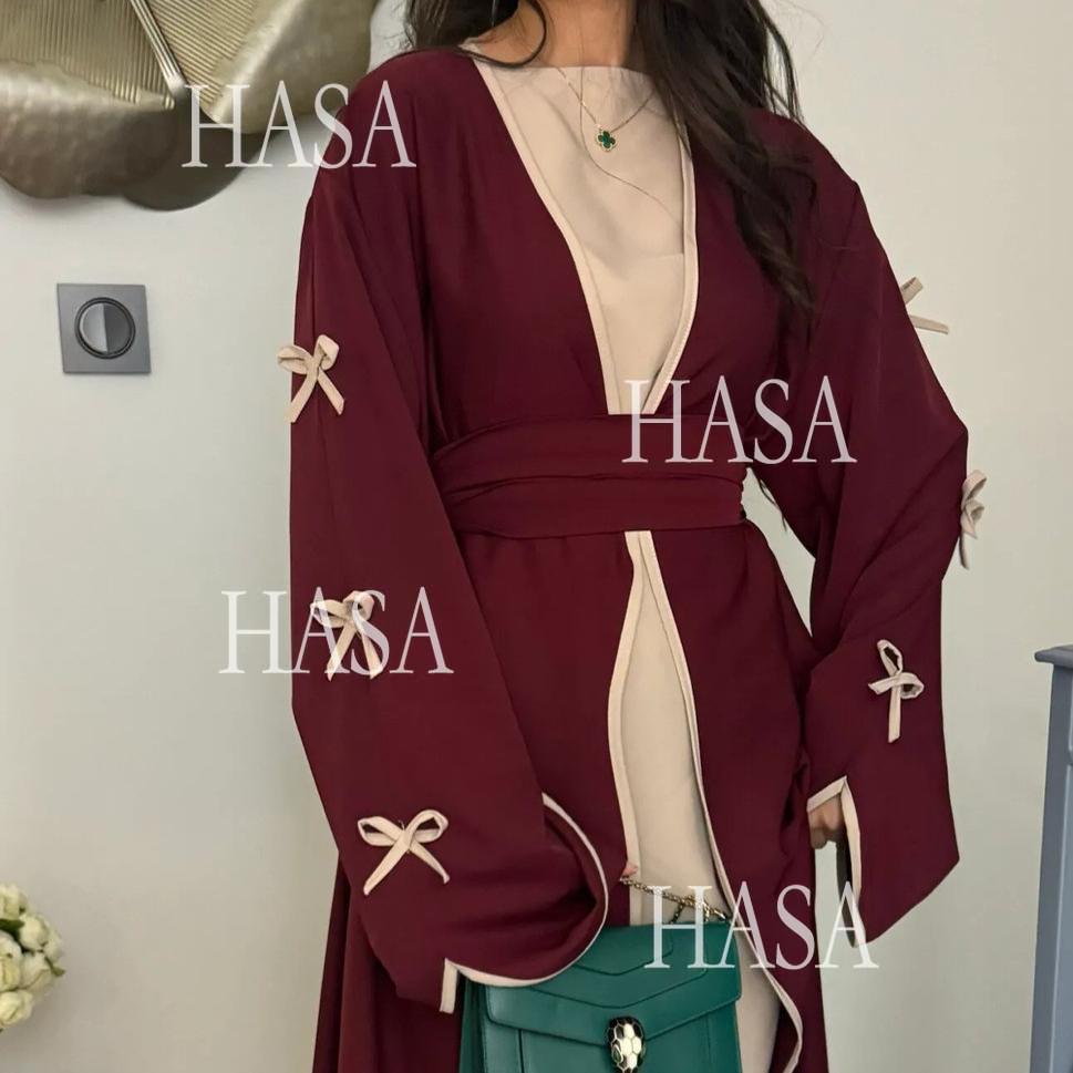 LUMAYA5883  A Two-piece Robe and Skirt Set with A Soft Bow and A Belt Design open abaya outfit