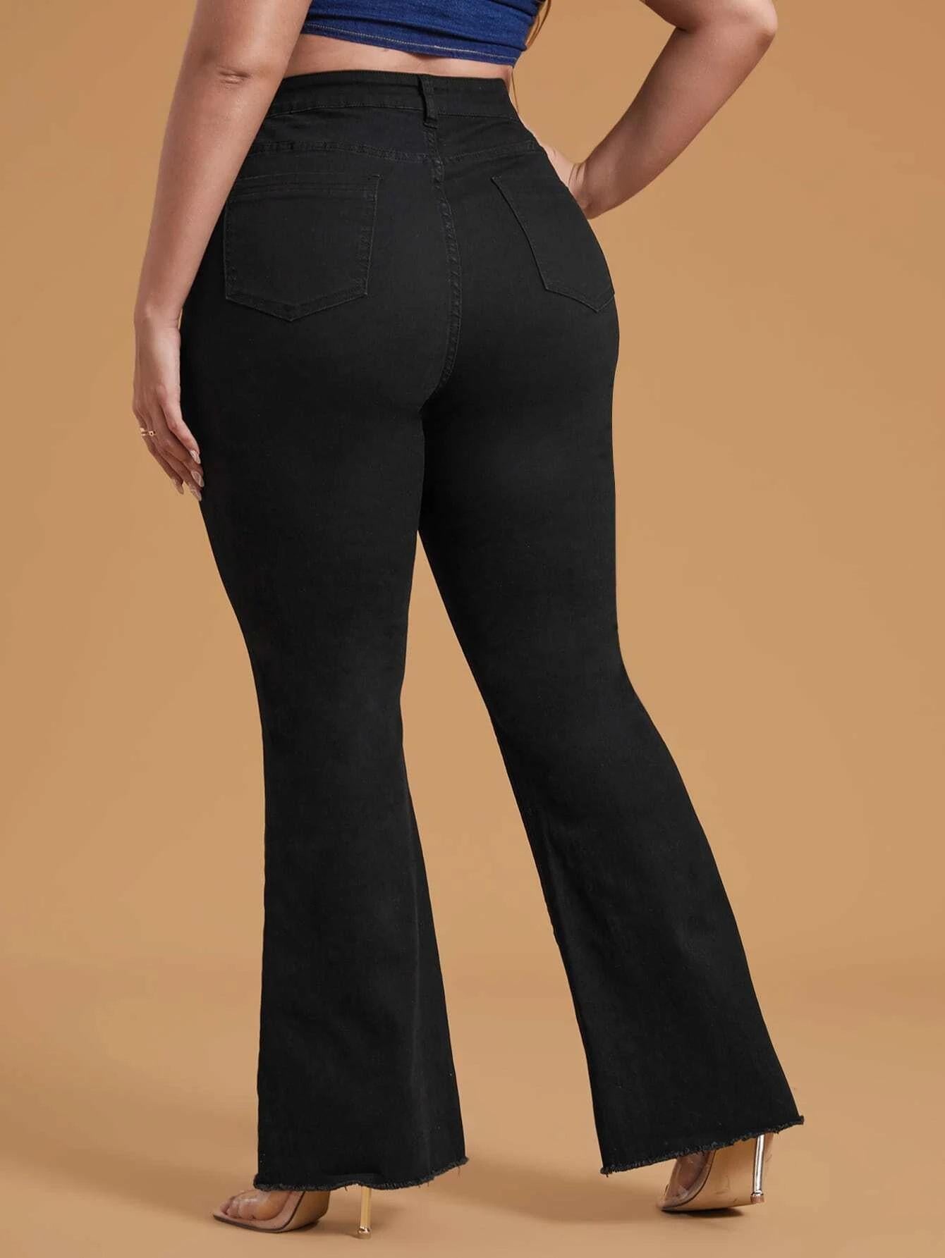 LUMAYA2331 Plus Size Black Stretchy Frayed-hem Wide-leg Flare Jeans